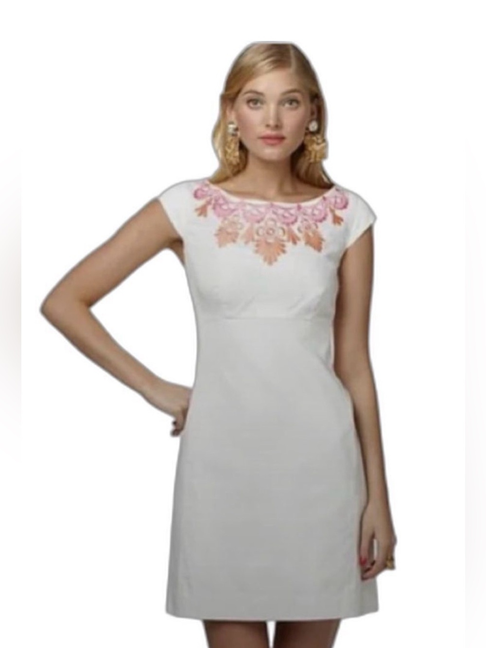 Lilly Pulitzer Textured Cream Pink Coral Yellow Embroidered “Allura” Dress sz12